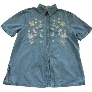 Passion-1 Womens Denim Shirt Size L‎ Embroidered Flowers Chambray Short Sleeve
